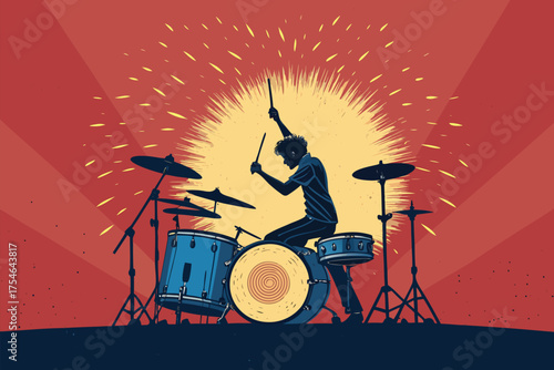 A silhouette of a drummer playing with a vibrant sunburst.