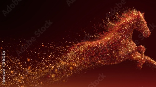 Fiery running horse made of glowing red and orange particles on dark background, symbol of 2026 Year of the Horse