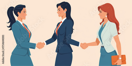 A flat vector illustration of three professional businesswomen in suits shaking hands to symbolize a successful partnership or agreement
