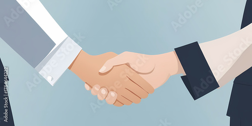 A flat vector illustration of two business professionals shaking hands against a light blue background
