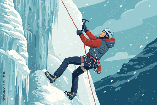 Ice climber ascends a frozen waterfall with snow falling.