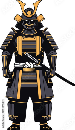 A detailed illustration of a samurai warrior in full traditional armor, holding a katana.