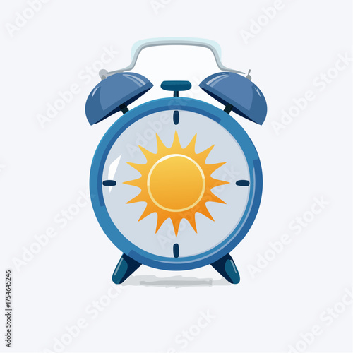 Depiction of a Blue Alarm Clock with a Sun-Shaped Dial, Representing Bright Mornings