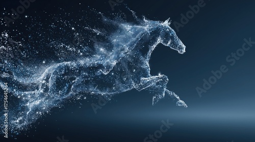Futuristic glowing horse made of particles and light, digital illustration for 2026 Year of the Horse