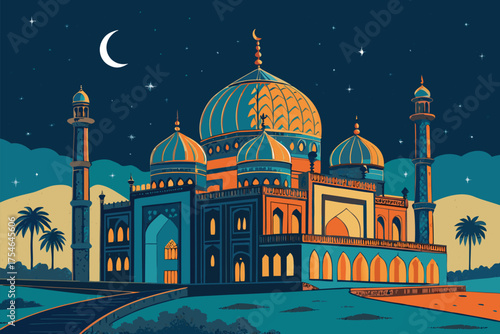 A stylized mosque stands majestically under a starry night sky. This is a 55 character prompt.