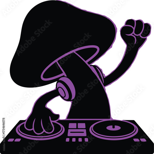 Black mushroom character wearing headphones playing dj equipment music turntables