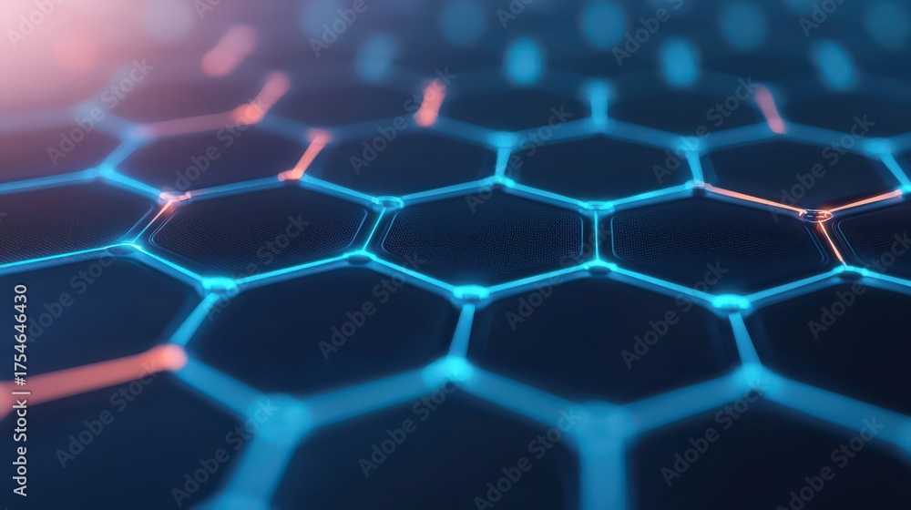 Obraz premium A close-up view of a hexagonal grid design, showcasing glowing edges and a futuristic, digital aesthetic.
