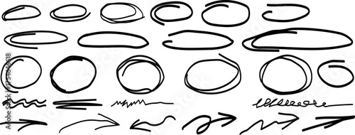 Black Hand Drawn Circles and Marker Outline Sketches Vector Collection — Creative Doodle Frame and Highlight Elements for Infographics, Notes, and Presentations — Minimalist Black Ink Scribbles for UI