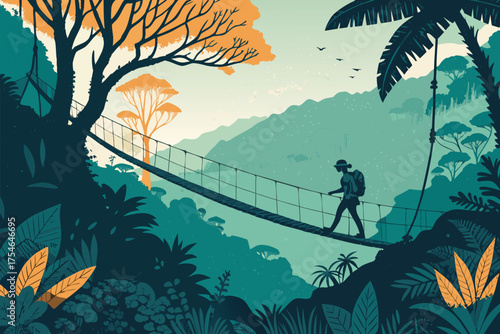 Person with backpack crosses a suspension bridge in a lush jungle environment.