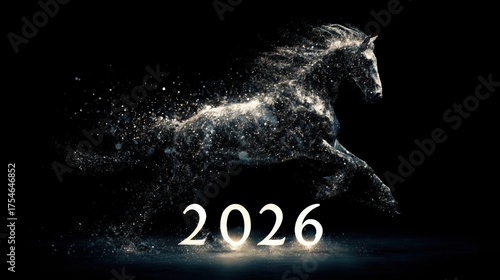 Black horse made of sparkles with glowing 2026 typography on dark background, modern zodiac concept