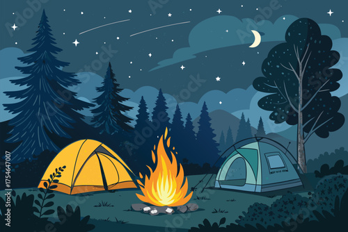 A peaceful night camping scene with tents and a campfire.