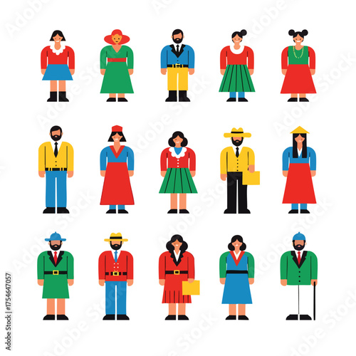 A colorful collection of diverse human figures designed in a simple blocky and geometric art style.