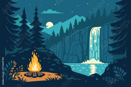 A serene nighttime forest scene with a campfire and waterfall.