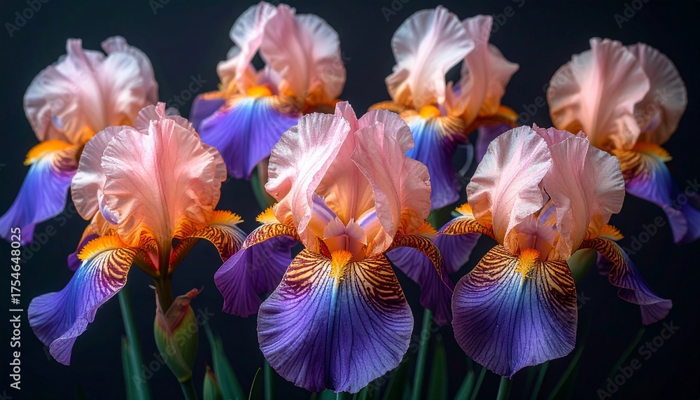 Obraz premium Beautiful Bunch of Vibrant Bearded Iris Flowers in Full Bloom.