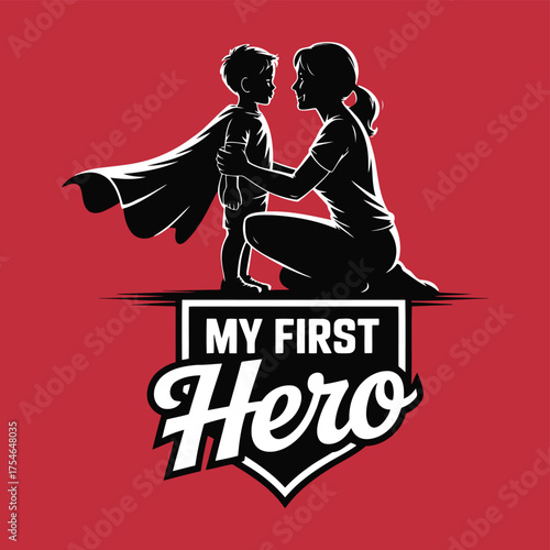 Mother embraces son wearing superhero cape vector