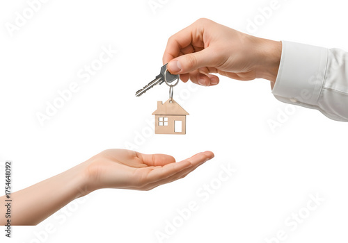 Handing over keys to new home, property ownership, real estate deal, housewarming, dream house, investment, happy buyer, closing sale.