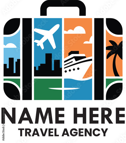 Creative travel agency logo concept featuring suitcase with vacation scenes and business name