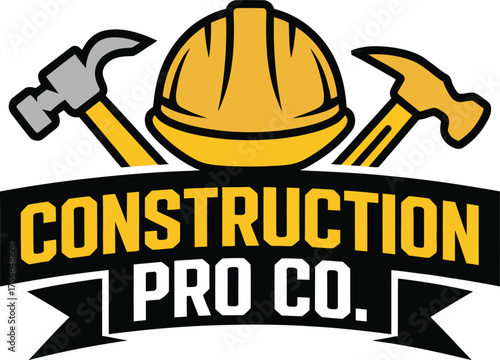 Construction pro co. logo with hard hat hammers and banner symbolizing building and expertise