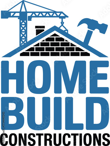 Home build constructions logo with crane hammer and house emblem