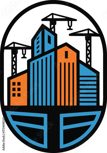 Modern cityscape construction cranes buildings emblem logo design symbol