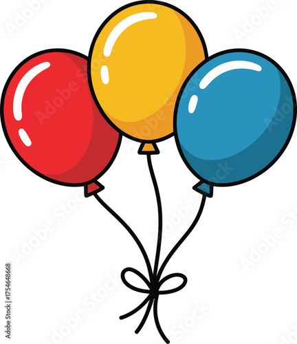 Three colorful balloons tied together with a ribbon celebrate a fun event