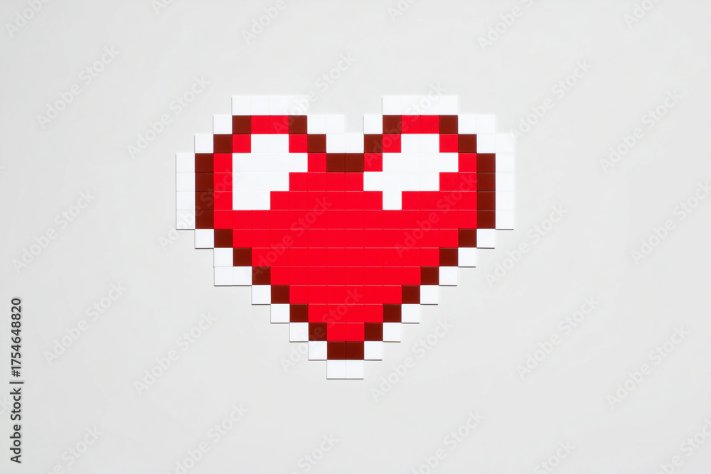 Obraz premium Pixel art heart shape in vibrant red and white colors with clear edges, showcasing a retro design that evokes nostalgia and love in digital art