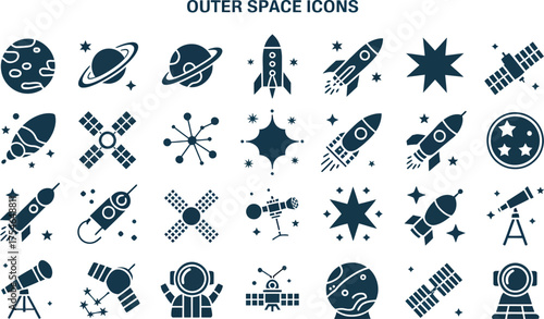 Collection of celestial and space exploration icons for cosmic adventures and science projects