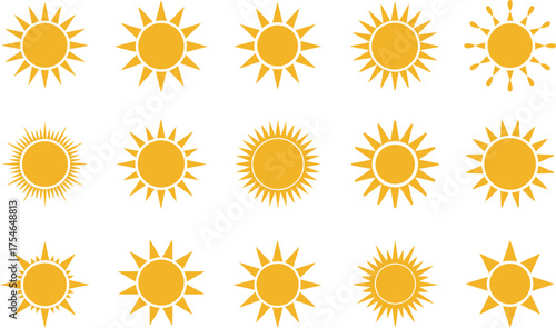 Collection of twelve unique sun icons with radiating warm yellow and orange light rays various styles