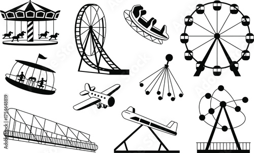 Collection of amusement park rides and attractions black and white icons funfair carnival elements