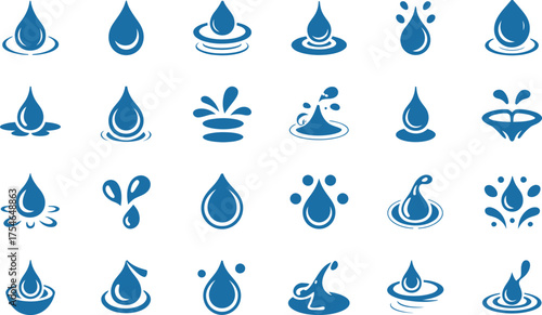 Collection of blue water droplets and splashes representing purity freshness and hydration