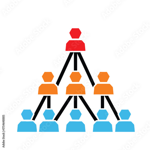 A colorful pyramid organizational chart with three levels of people icons.