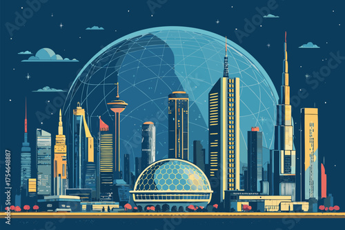 A futuristic city skyline under a large, glowing globe at night.