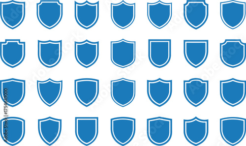 Collection of blue shield emblems various shapes symbolizing security protection and heraldry in a grid layout