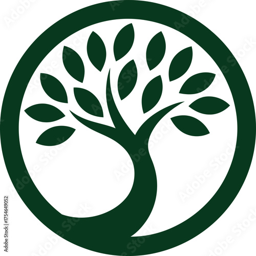 Stylized dark green tree of life symbol inside a circle organic growth nature abstract concept