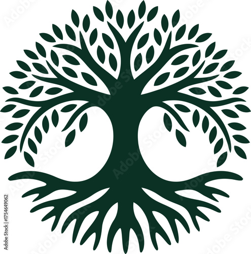 Stylized tree of life symbol emblem circular silhouette roots and branches elegant design