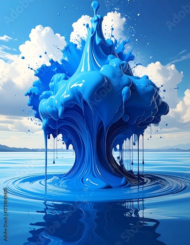 Artificial blue water splash over ocean. White clouds drift. Bright sunlight. Surreal landscape