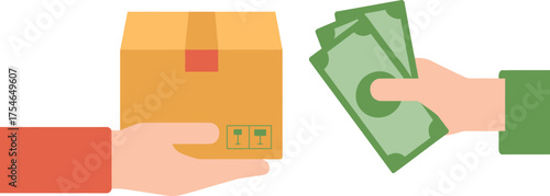 Package delivery transaction handing over cardboard box and money cash payment