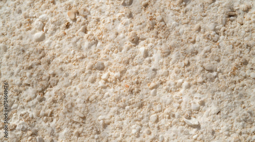Close up of textured beige stone surface with small pebbles and rough texture. natural pattern creates earthy and organic feel