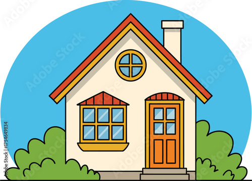Charming cartoon house with red roof and green bushes under a blue circle