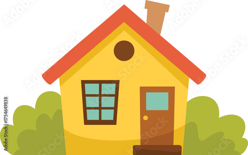 Charming cartoon house with red roof and green bushes simple cozy dwelling
