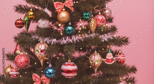 Artificial Christmas tree decorated with ornaments against a soft pink background