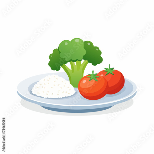 Illustration of a balanced plate of vegetables and rice against a pristine white backdrop