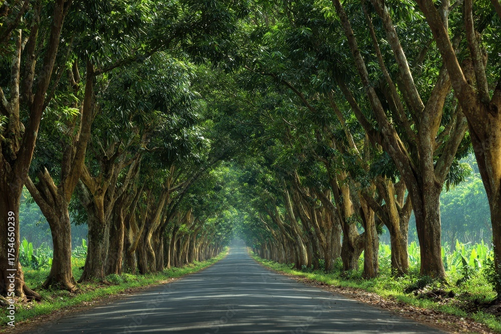 Naklejka premium Serene Sunday Drive Along a Tree-Lined Pathway in an Exotic Asian Rubber Plantation