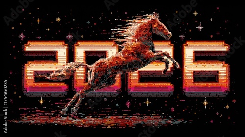 Futuristic digital art of running fiery horse with 2026 numbers, neon glitch effect symbol of the Year of the Horse