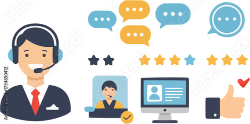 Professional flat vector illustration of customer service agents, star ratings, chat messages, and client feedback. Ideal for business presentations, websites, or service marketing materials.