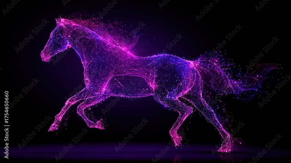 Fototapeta premium Particle horse made of glowing particles — purple & pink neon for presentation backgrounds, wallpapers and motion graphics