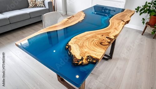 Artisan wooden table with blue resin center and live edge wood, contemporary design