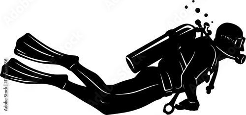 black and white silhouette of a scuba diving vector on a white background

