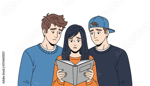 Worried students reading book look concerned and anxious