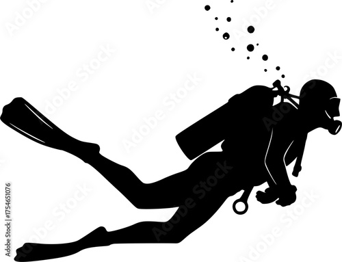 black and white silhouette of a scuba diving vector on a white background
